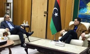 PC leader Faiez Serraj (right) and Abdulrahman Sewehli discuss security at Tripoli naval base (photo: OC)