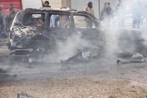 Burnt vehicle from convoy attack