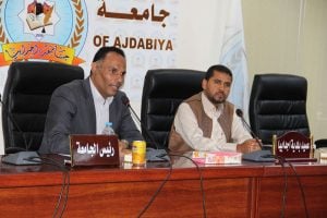 Ajdabiya University Dean Tarek Dabbah (left) meeting in January with the town's acting mayor (Photo: Ajdabiya University) 
