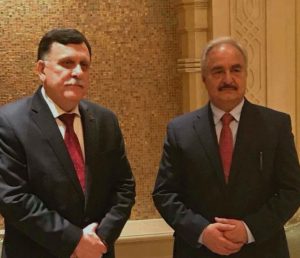 PC head Faiez Serraj and Field Marshal Khalifa Hafter meeting in Abu Dhabi (Photo: Social media)
