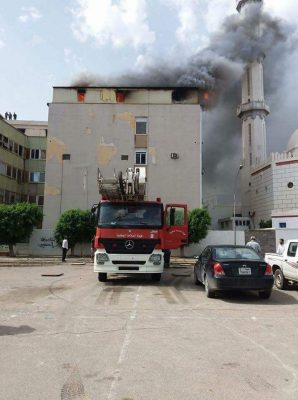 A fire broke out at the top floors of the old Passports Authority in Tripoli yesterday (Photo: Passports Authority). 
