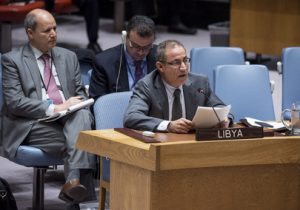 Elmahdi S. Elmajerbi, Deputy Permanent Representative of Libya to the UN, addresses the Security Council meeting on the situation of migrants in his country. 