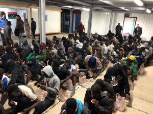 Rescued migrants held at Tripoli's Busetta naval base (Photo: LH source)